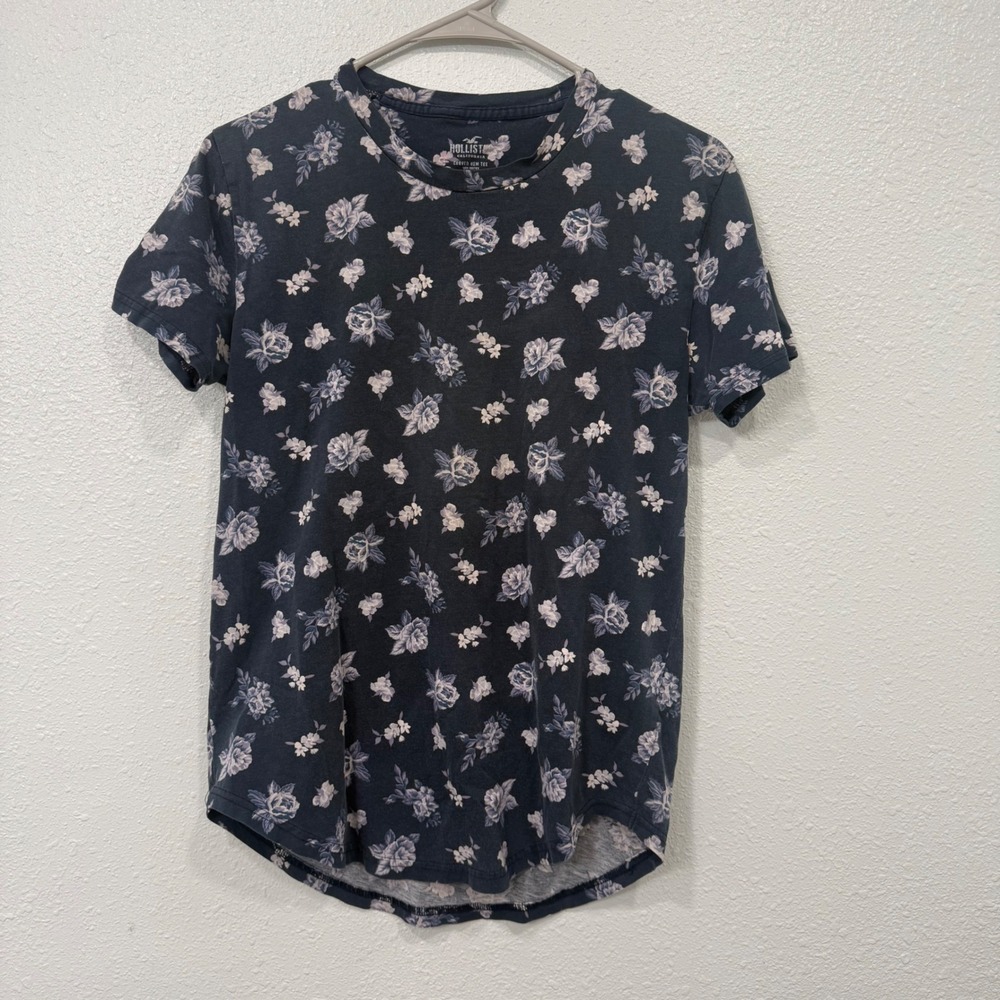 Hollister California Womens Floral Curved Hem Tee Navy Blue Rose Print XS
